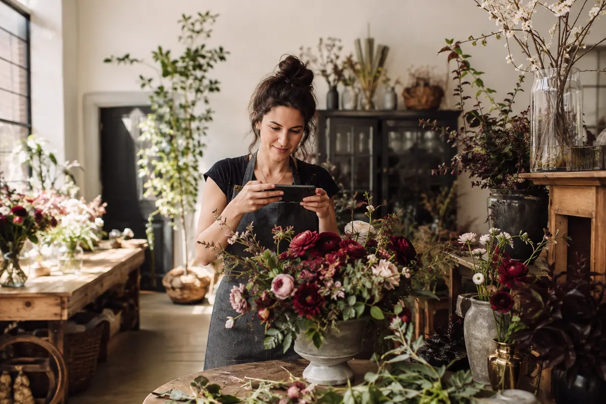 A florist photographing her work for a business portfolio
