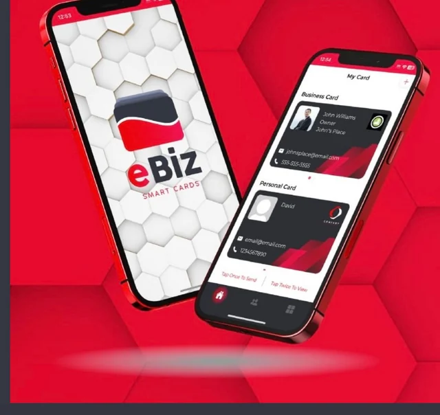The eBiz Smart Cards app showing a digital business card with business and personal cards on a phone