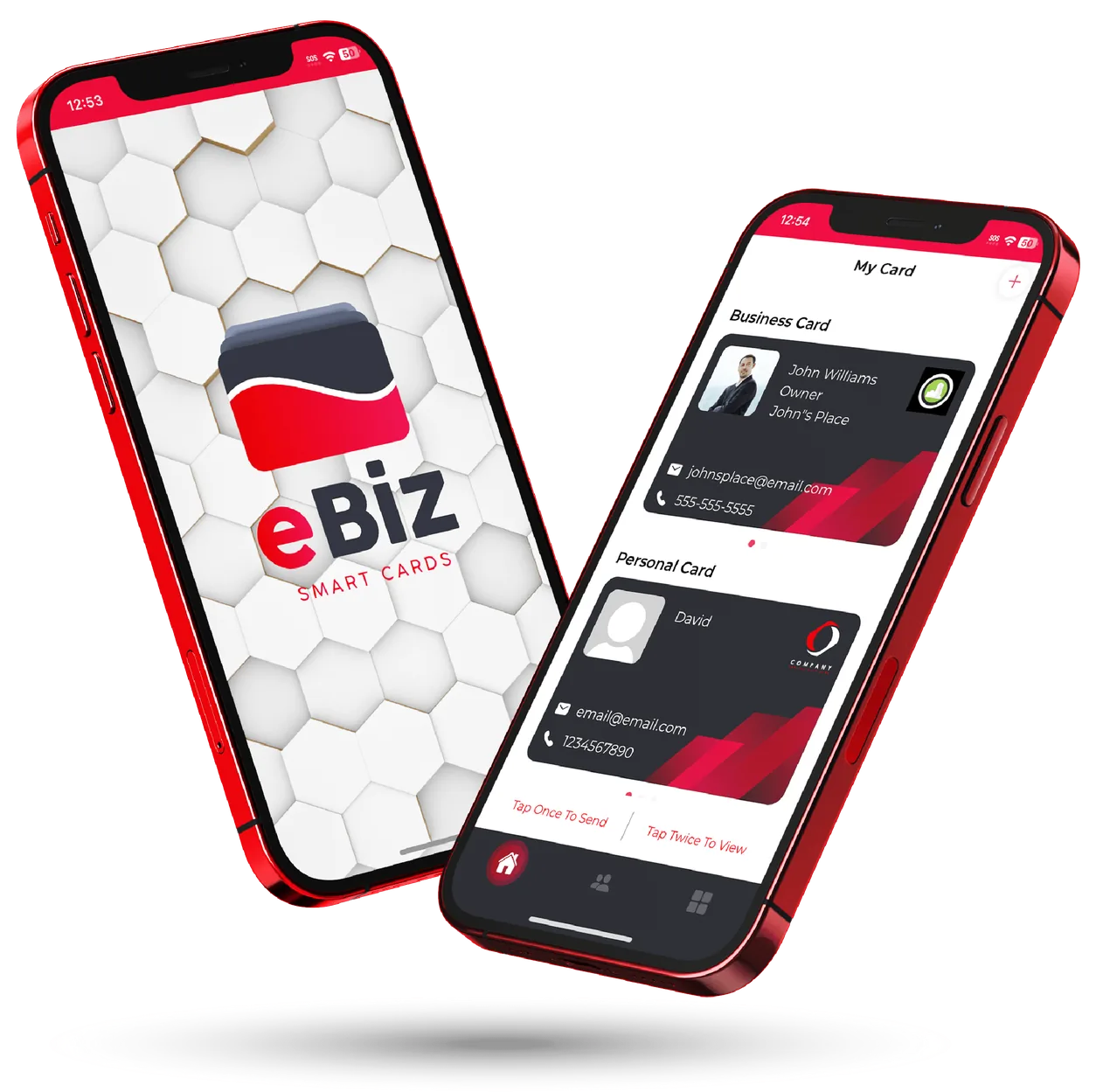 Two phones showing eBiz digital business cards for different professions