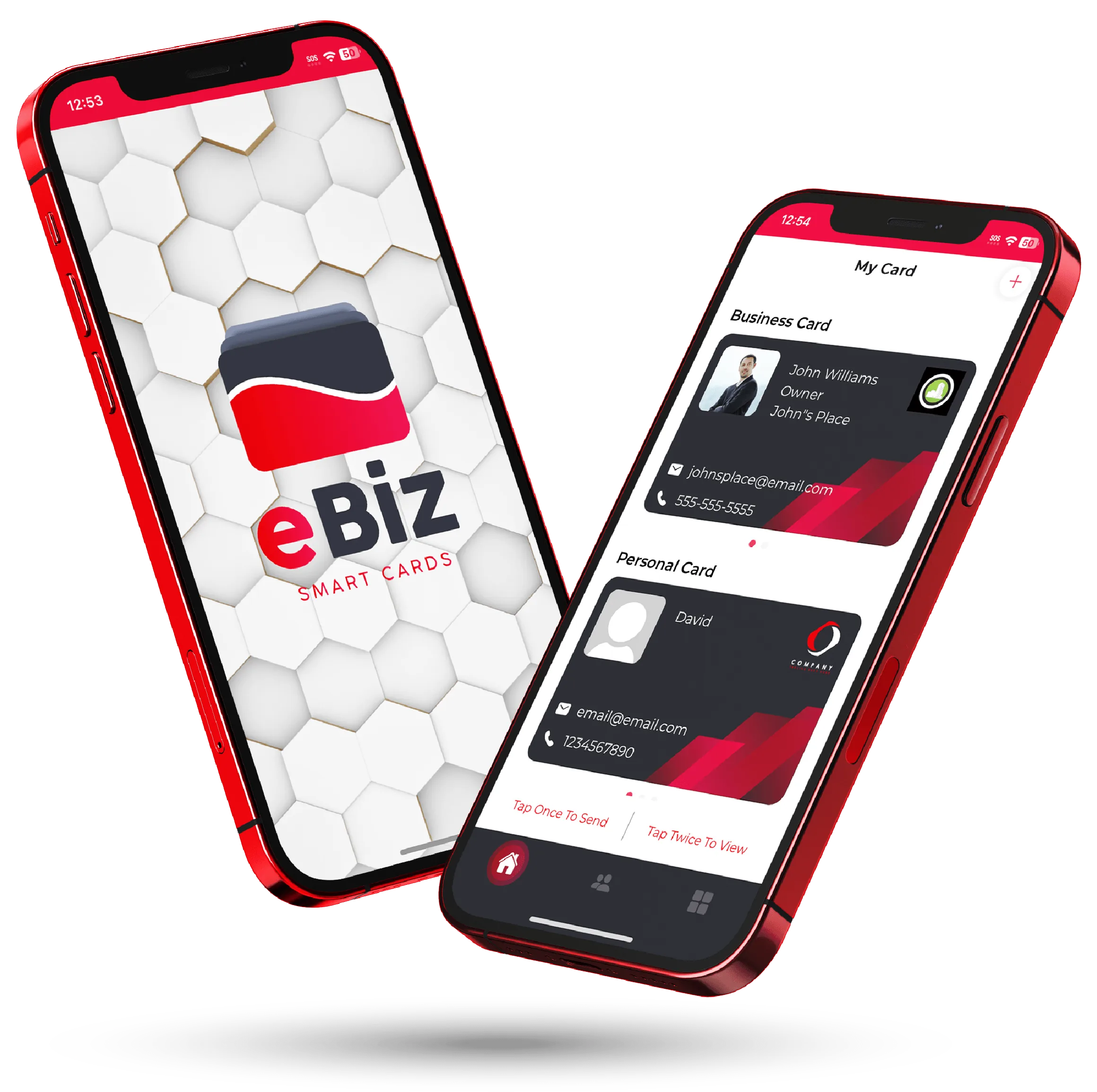 Two phones exchanging digital business cards and capturing contact details
